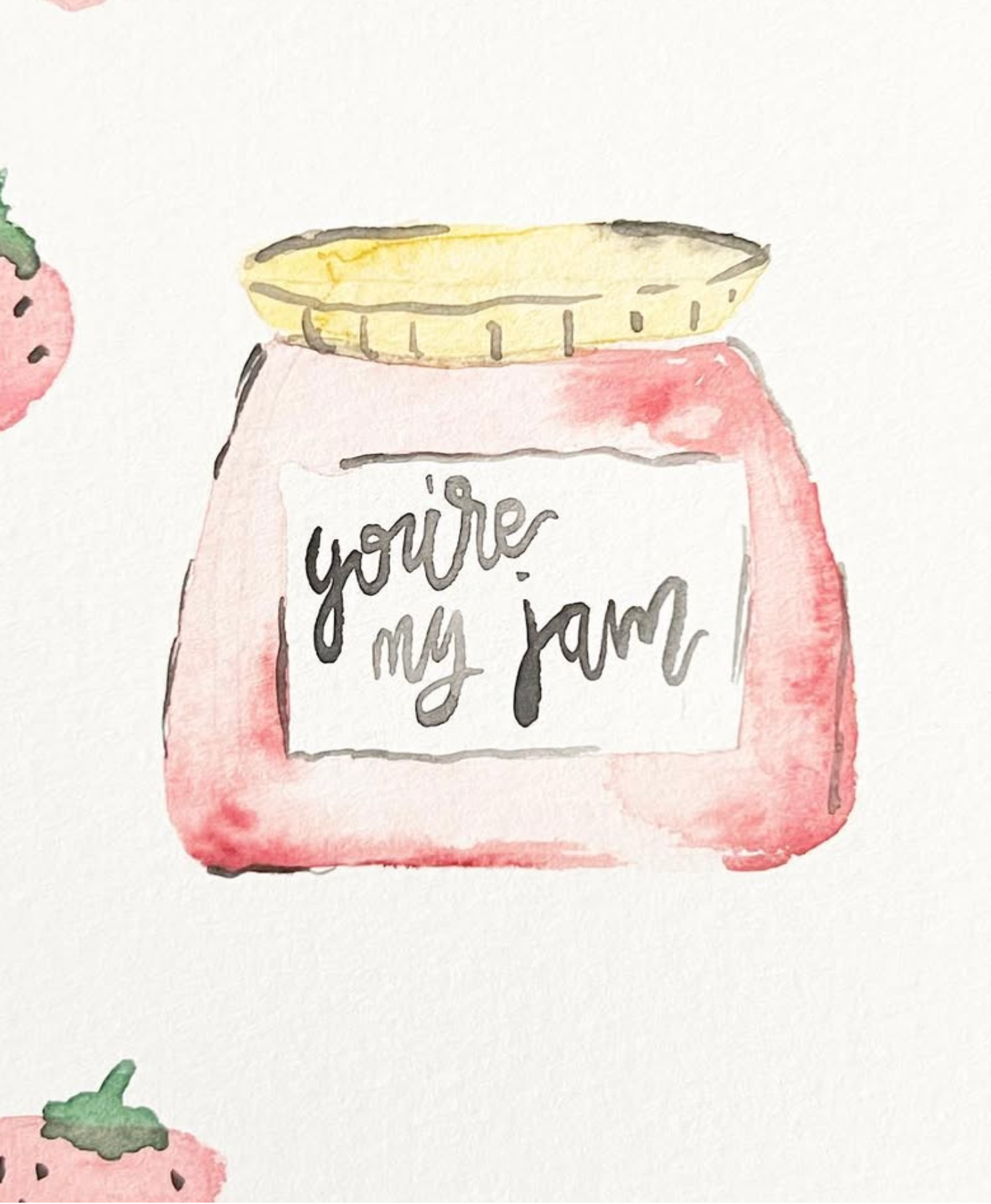Social media post with a pink jar and strawberry pattern on a black background