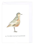Greeting card with a watercolor illustration of a bird and text 'A little birdie told me it's your birthday' on a white background.