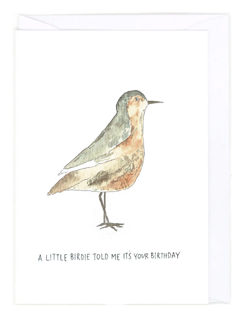 Greeting card with a watercolor illustration of a bird and text 'A little birdie told me it's your birthday' on a white background.