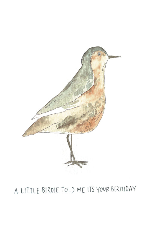 Watercolor illustration of a bird on a white background, with the message "A little birdie told me it's your birthday"