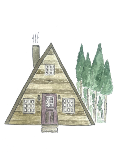 Illustration of a wooden cabin with trees in the background