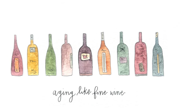 Illustration of wine bottles in various colors with 'aging like fine wine' text on a white background