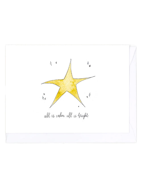 Yellow star with 'all is calm, all is bright' text on a white background