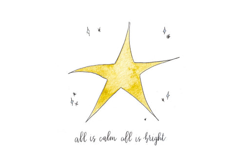 Yellow star with 'all is calm, all is bright' text on a white background
