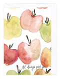 Card with green and red watercolor apples and text 'I'd always pick you' on a white background