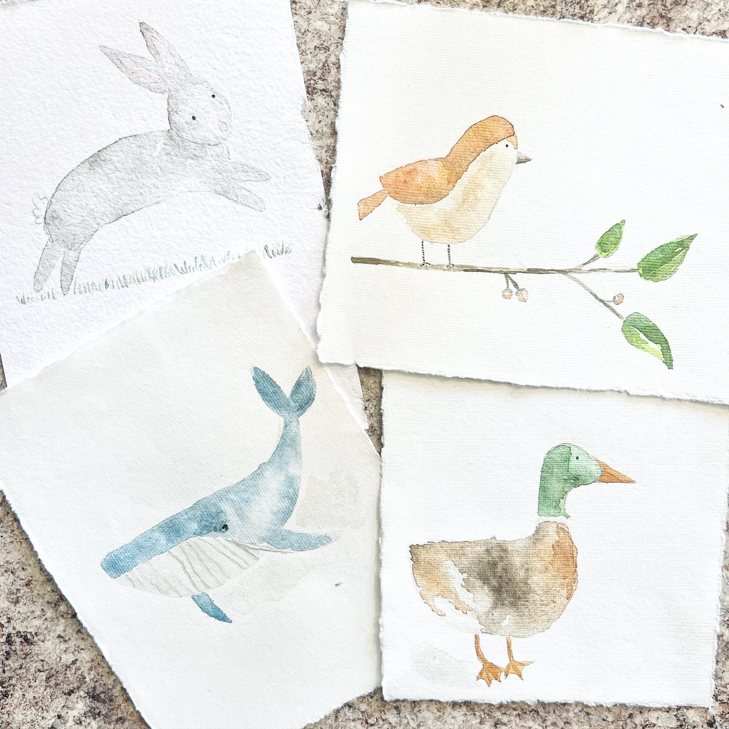 Set of four watercolor illustrations of cute animals on white cards.
