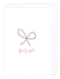Greeting card with a simple pink bow and 'baby girl' text on a white background