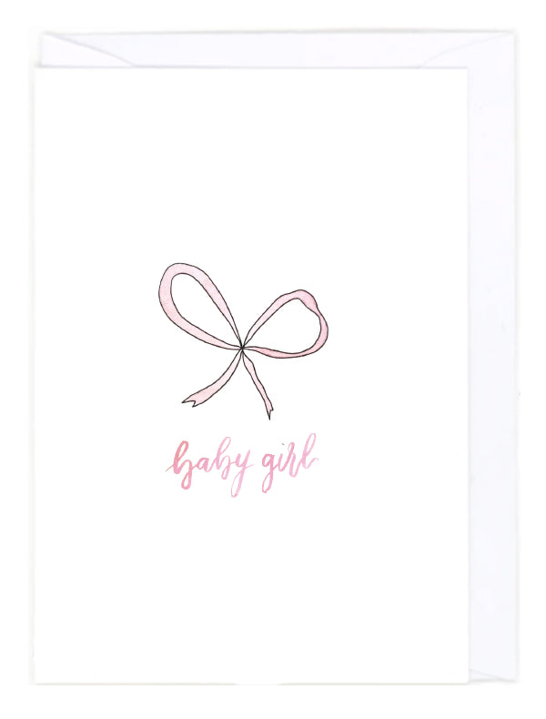 Greeting card with a simple pink bow and 'baby girl' text on a white background