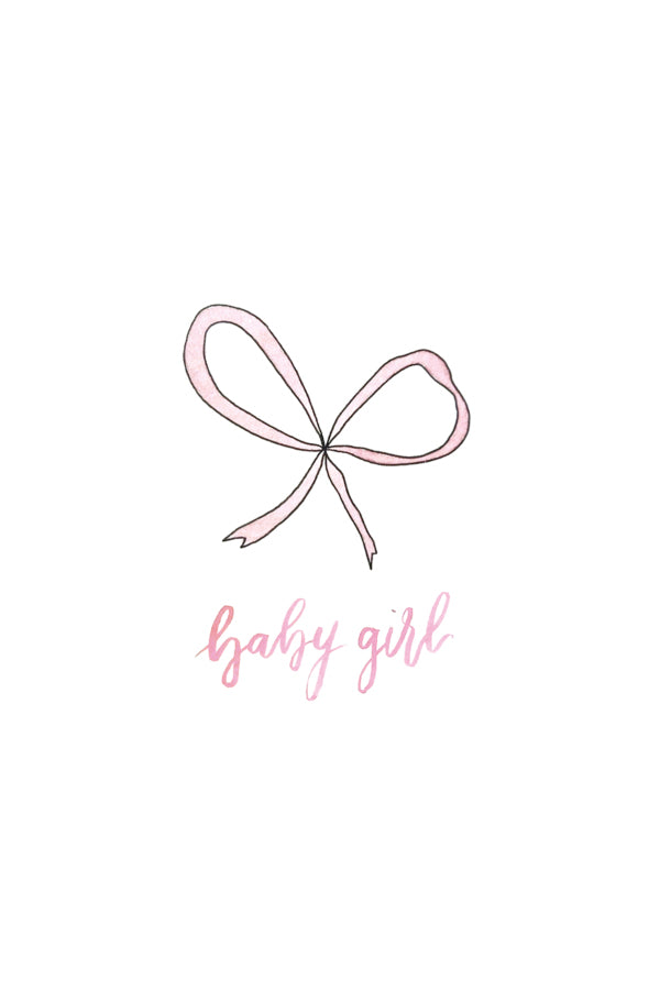 Illustration of a simple pink bow and 'baby girl' text on a white background