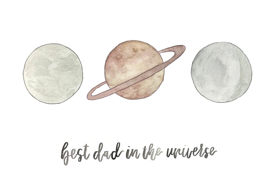 Illustration of planets with text 'Best dad in the universe' on a white background