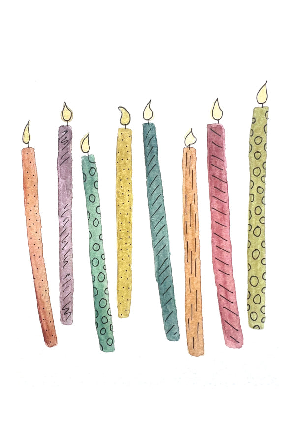 Watercolor illustration of colorful candles with different patterns on a white background