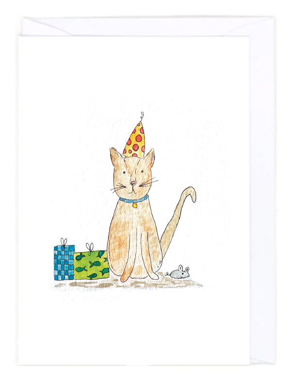Watercolor illustration of a cat wearing a party hat with birthday presents and a mouse on a white background