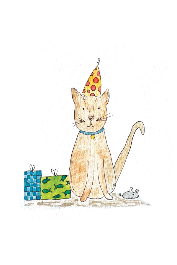 Watercolor illustration of a cat wearing a party hat with birthday presents and a mouse on a white background