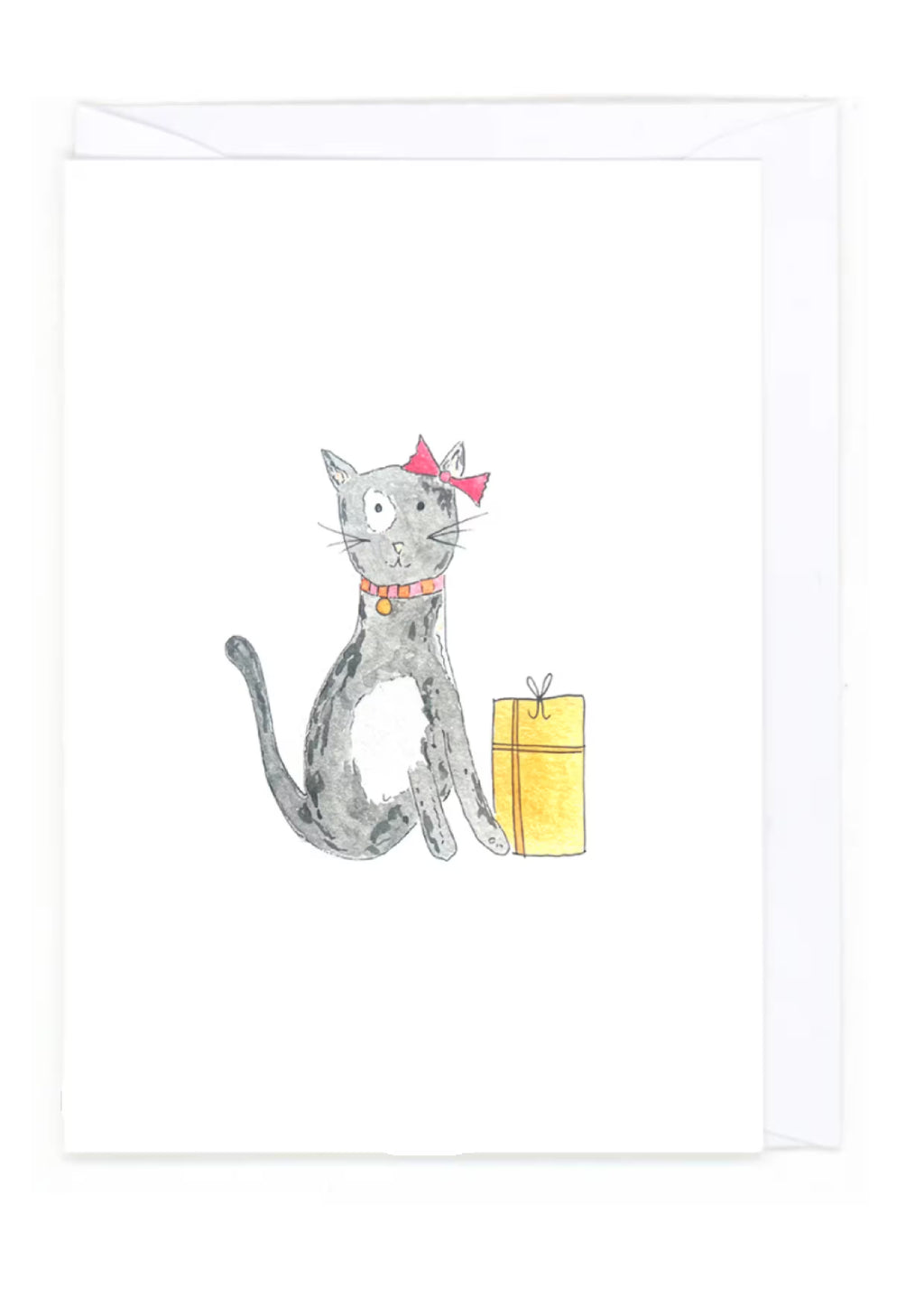 Illustration of a gray cat with a yellow gift box on a white background
