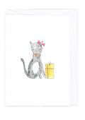 Illustration of a gray cat with a yellow gift box on a white background