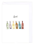 Greeting card with colorful illustration of wine bottles with 'cheers!' text on a white background