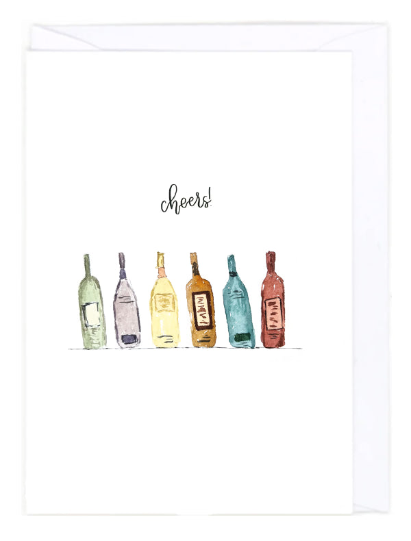Greeting card with colorful illustration of wine bottles with 'cheers!' text on a white background