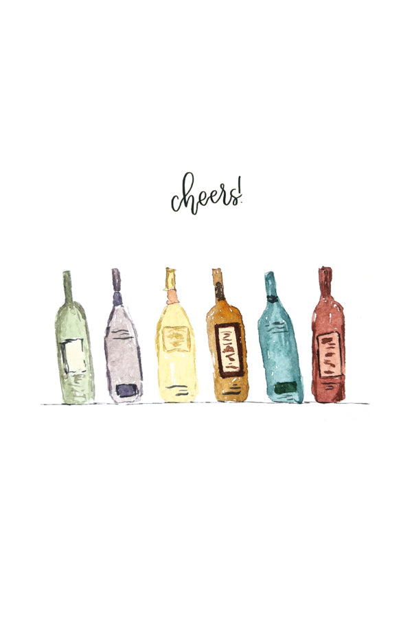 Colorful illustration of wine bottles with 'cheers!' text on a white background