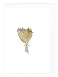Greeting card with aouquet of flowers wrapped in brown paper on a white background
