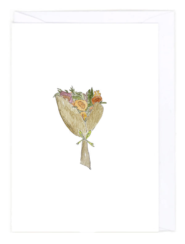 Greeting card with aouquet of flowers wrapped in brown paper on a white background