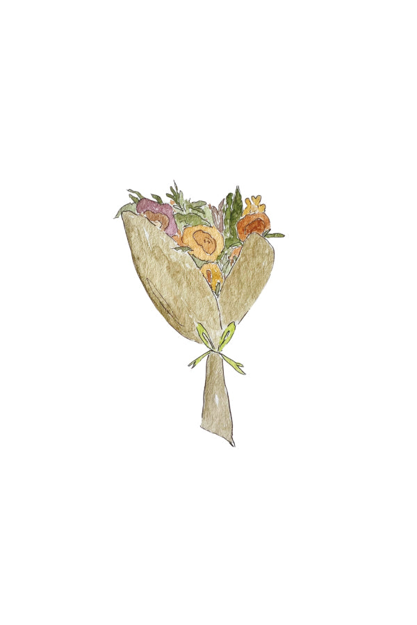 Illustration of a bouquet of flowers wrapped in brown paper on a white background