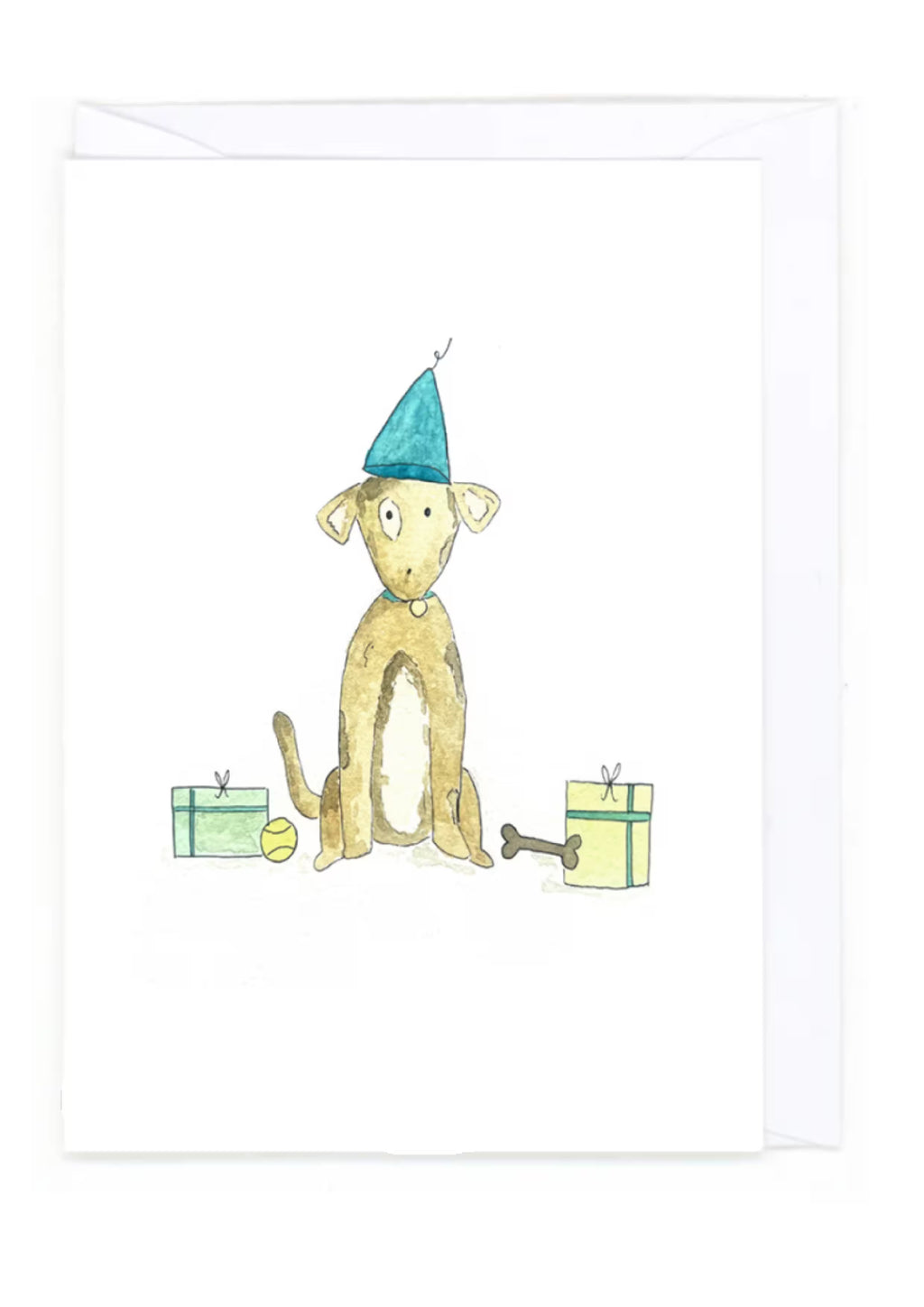 Illustration of a dog wearing a party hat with presents and a bone on a white background