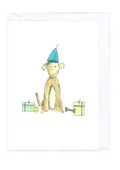 Illustration of a dog wearing a party hat with presents and a bone on a white background