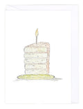 Greeting card with an illustration of a birthday cake slice with a lit candle on a white background