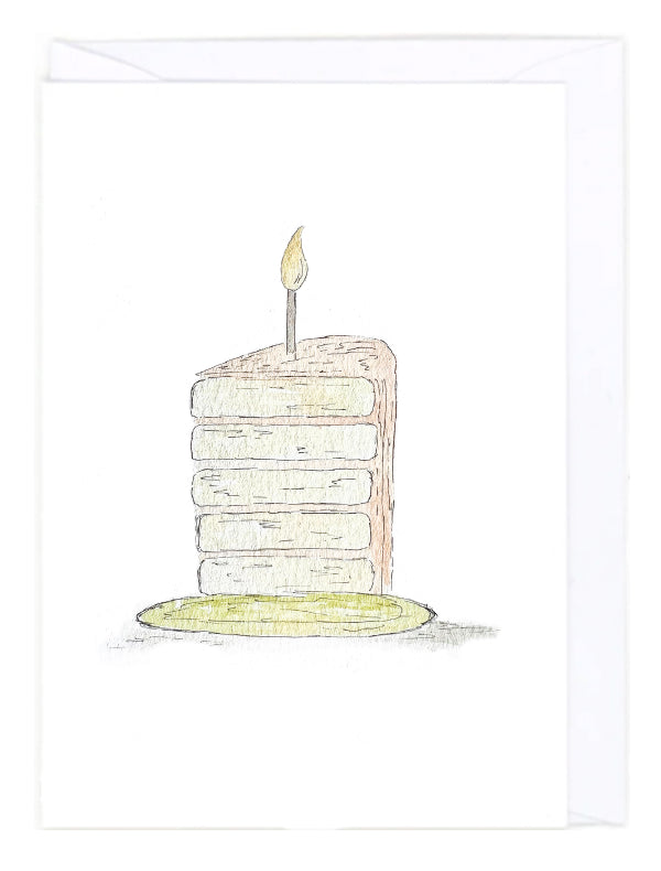 Greeting card with an illustration of a birthday cake slice with a lit candle on a white background