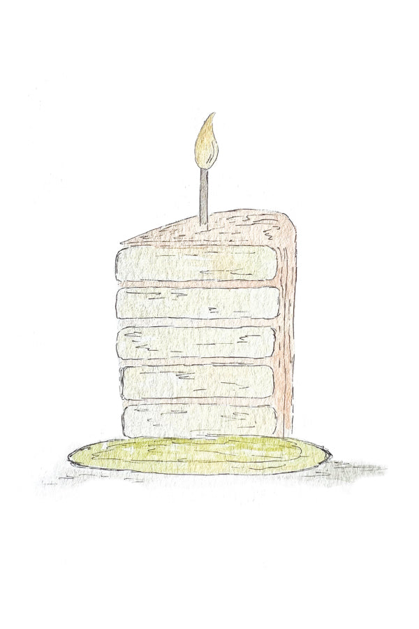 Illustration of a birthday cake slice with a single candle on a white background