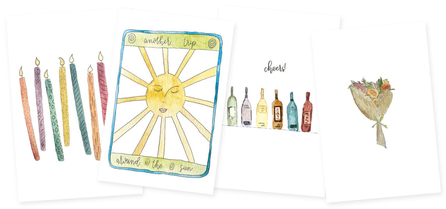 Set of greeting cards with candles, a sun card, bottles, and a bouquet on a white background.