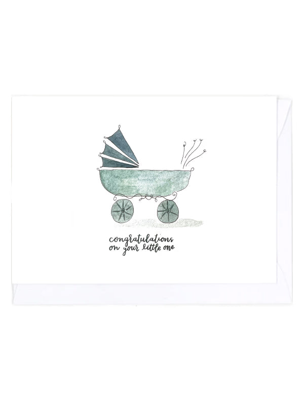 Greeting card with a blue baby carriage with the text "congratulations on your little one" on a white background