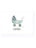 Greeting card with a blue baby carriage with the text "congratulations on your little one" on a white background