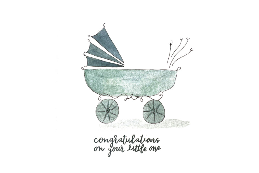 Illustration of a blue baby carriage with the text "congratulations on your little one" on a white background