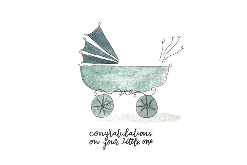 Illustration of a blue baby carriage with the text "congratulations on your little one" on a white background