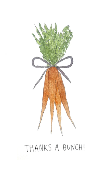 Illustration of carrots tied with a ribbon and 'Thanks a Bunch!' text on a white background