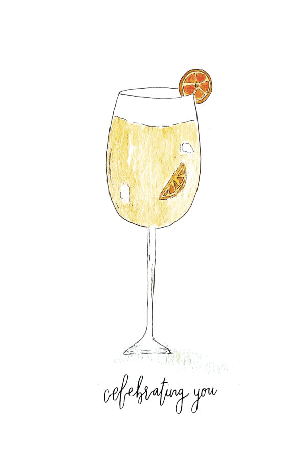 Watercolor Illustration of a glass of Aperol Spritz with an orange twist on a white background, accompanied by the text 'celebrating you'.
