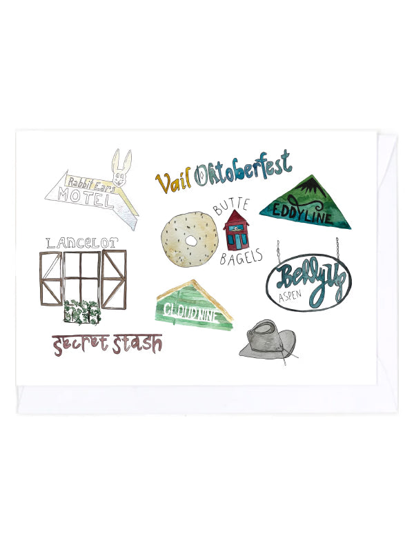 Greeting card with a collection of various Colorado-themed illustrated icons and text on a white background