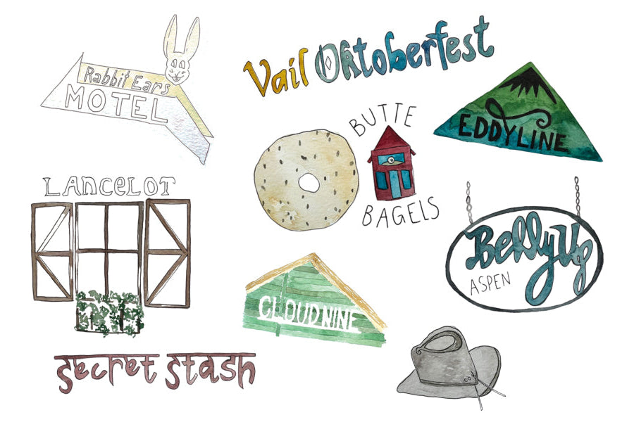 Collection of various Colorado-themed illustrated icons and text on a white background