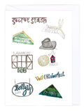 Greeting card with a collection of various Colorado-themed illustrated icons and text on a white background