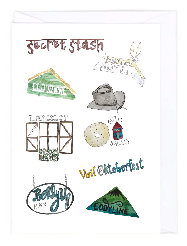 Greeting card with a collection of various Colorado-themed illustrated icons and text on a white background