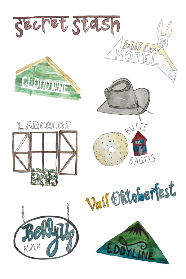 Collection of various Colorado-themed illustrated icons and text on a white background