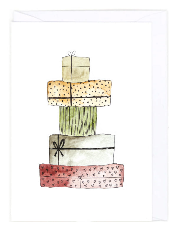 Greeting card with an illustration of a stack of colorful gift boxes with decorative patterns on a white background