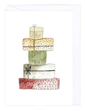 Greeting card with an illustration of a stack of colorful gift boxes with decorative patterns on a white background