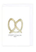 Card with intertwined pretzel rings and 'Congrats on tying the knot!' text on a white background