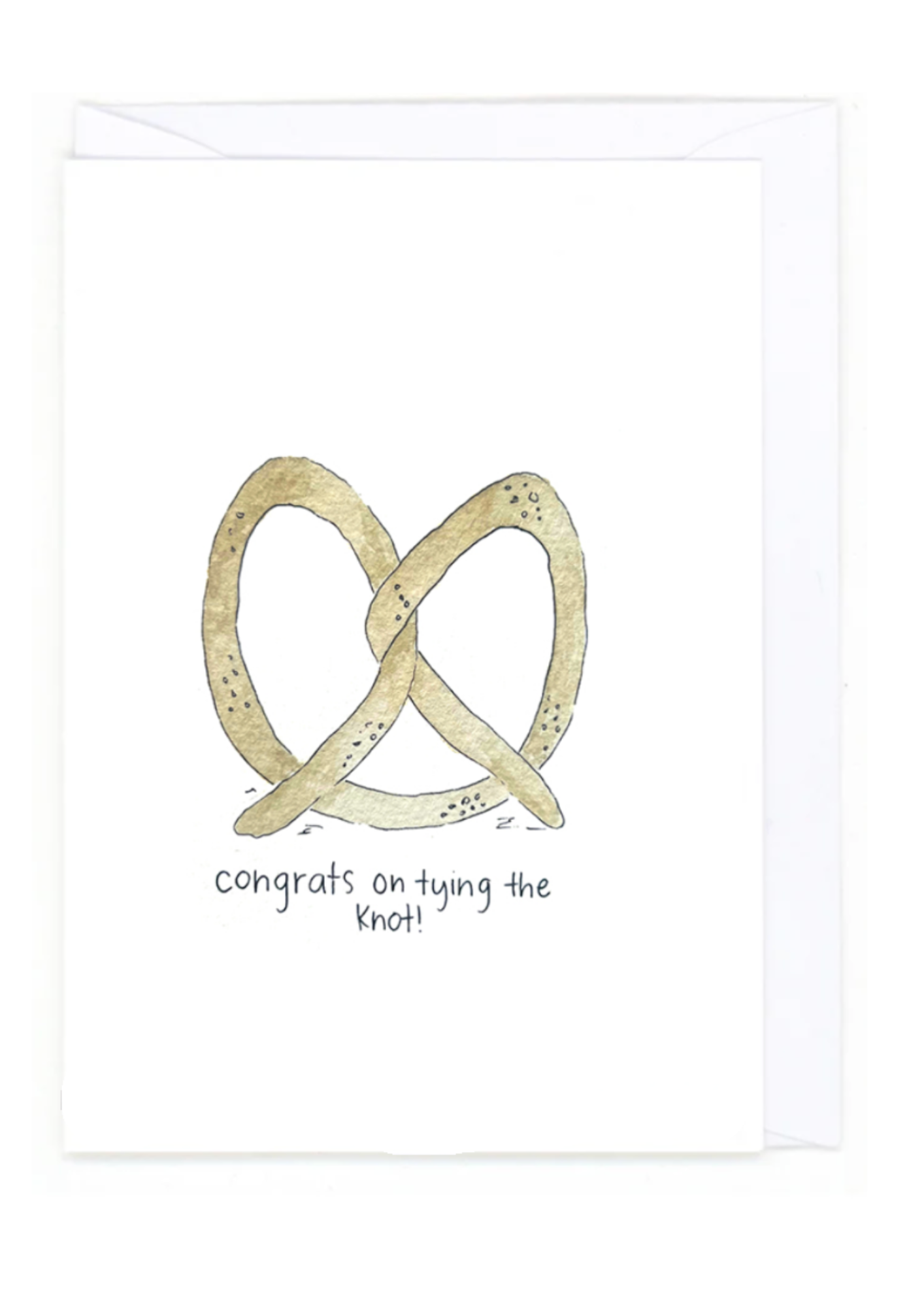 Card with intertwined pretzel rings and 'Congrats on tying the knot!' text on a white background