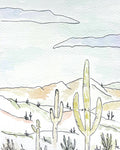 Watercolor drawing of cacti against a desert mountain landscape 