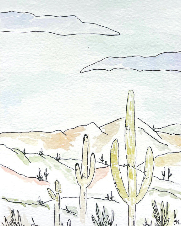 Watercolor drawing of cacti against a desert mountain landscape 