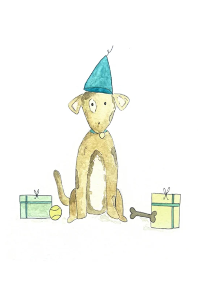 Illustration of a dog wearing a party hat with presents and a bone on a white background