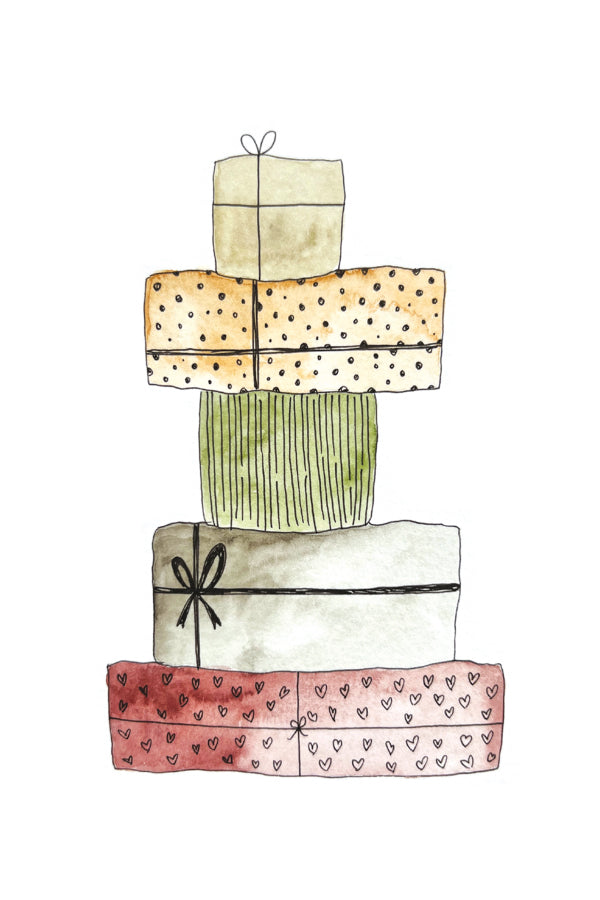 Illustration of a stack of gift boxes with different patterns on a white background